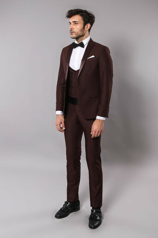 Burgundy Vested Men's Wedding Suit | Wessi $150 - $200, 3-piece-suit, 34, 6 Drop, Detachable, Detachable Lapel, Italian, Italian Suit, mens-suit_obsolete, Modern Fit, Party, Peak, Peak Lapel,