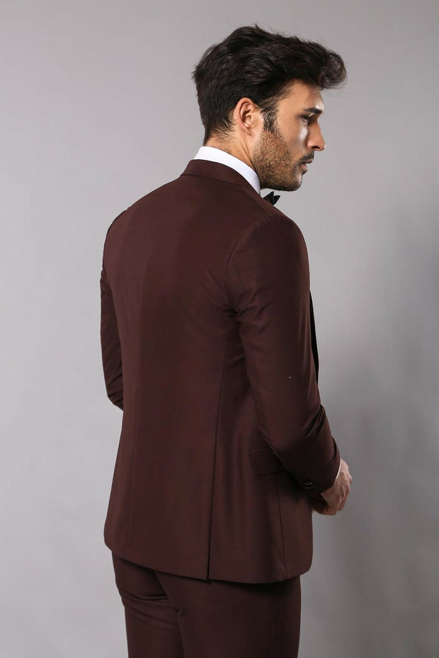 Burgundy Vested Men's Wedding Suit | Wessi $150 - $200, 3-piece-suit, 34, 6 Drop, Detachable, Detachable Lapel, Italian, Italian Suit, mens-suit_obsolete, Modern Fit, Party, Peak, Peak Lapel,