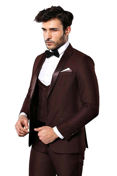 Burgundy Vested Men's Wedding Suit | Wessi $150 - $200, 3-piece-suit, 34, 6 Drop, Detachable, Detachable Lapel, Italian, Italian Suit, mens-suit_obsolete, Modern Fit, Party, Peak, Peak Lapel,