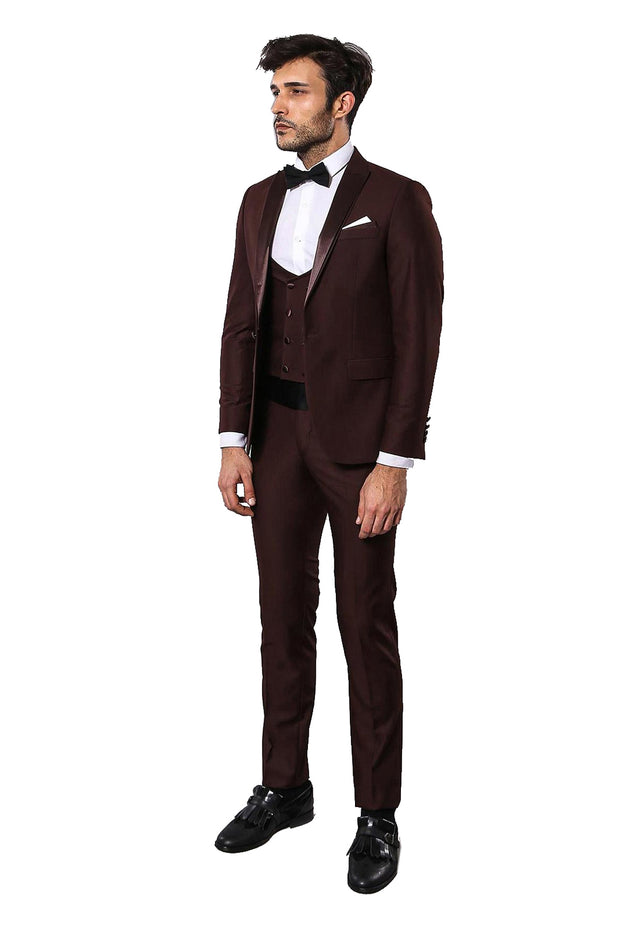 Burgundy Vested Men's Wedding Suit | Wessi $150 - $200, 3-piece-suit, 34, 6 Drop, Detachable, Detachable Lapel, Italian, Italian Suit, mens-suit_obsolete, Modern Fit, Party, Peak, Peak Lapel,