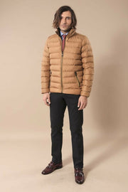 Camel Short Men Down Jacket | Wessi $50 - $100, 36, 38, 40, 42, 44, 46, Brown, Casual, Coat, Daily, Jackets, Mandarin Collar, Modern Fit, Outwear, Puffer Coats, Quilted, Quilted Jackets, Slim