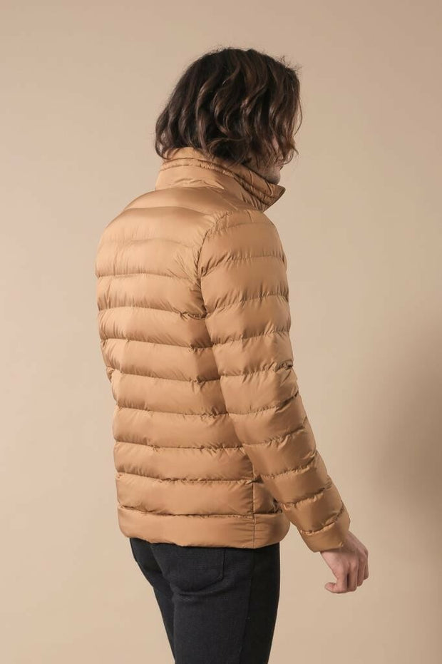 Camel Short Men Down Jacket | Wessi $50 - $100, 36, 38, 40, 42, 44, 46, Brown, Casual, Coat, Daily, Jackets, Mandarin Collar, Modern Fit, Outwear, Puffer Coats, Quilted, Quilted Jackets, Slim