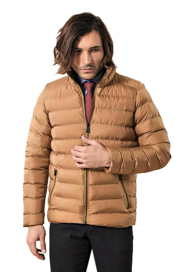 Camel Short Men Down Jacket | Wessi $50 - $100, 36, 38, 40, 42, 44, 46, Brown, Casual, Coat, Daily, Jackets, Mandarin Collar, Modern Fit, Outwear, Puffer Coats, Quilted, Quilted Jackets, Slim