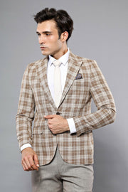 Checked Beige Slim-Fit Blazer | Wessi $50 - $100, 3-piece-suit, 36, 42, 44, 46, 6 Drop, Beige, Brown, Casual, Checked, Cream, Daily, Italian, Men's Blazers, Modern Fit, Peak, Peak Lapel, Plai