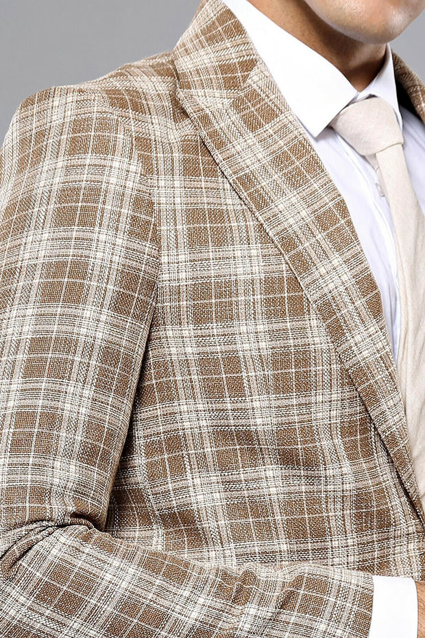 Checked Beige Slim-Fit Blazer | Wessi $50 - $100, 3-piece-suit, 36, 42, 44, 46, 6 Drop, Beige, Brown, Casual, Checked, Cream, Daily, Italian, Men's Blazers, Modern Fit, Peak, Peak Lapel, Plai