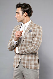 Checked Beige Slim-Fit Blazer | Wessi $50 - $100, 3-piece-suit, 36, 42, 44, 46, 6 Drop, Beige, Brown, Casual, Checked, Cream, Daily, Italian, Men's Blazers, Modern Fit, Peak, Peak Lapel, Plai