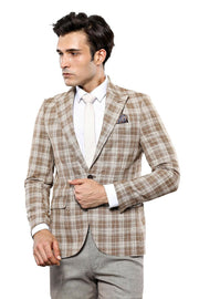 Checked Beige Slim-Fit Blazer | Wessi $50 - $100, 3-piece-suit, 36, 42, 44, 46, 6 Drop, Beige, Brown, Casual, Checked, Cream, Daily, Italian, Men's Blazers, Modern Fit, Peak, Peak Lapel, Plai