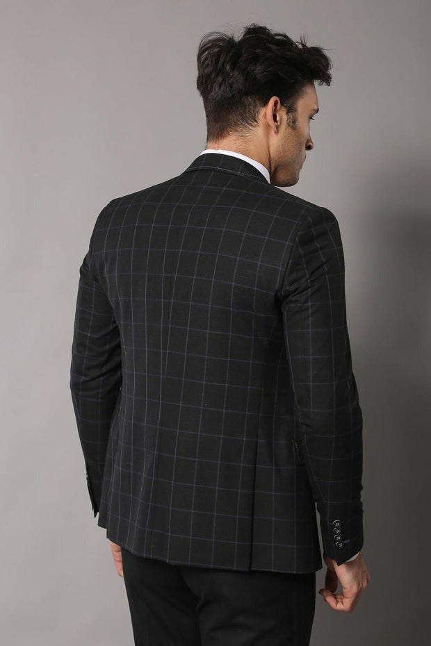 Checked Black 3 Piece Mens Suit | Wessi 3-piece-suit, 34, 36, 40, Black, Checked, mens-suit, mens-suit_obsolete, Modern Fit, Notch, Plaid, Slim Fit, Slim Fit Suit, Suit OutletSuit - wessi