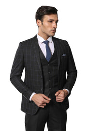 Checked Black 3 Piece Mens Suit | Wessi 3-piece-suit, 34, 36, 40, Black, Checked, mens-suit, mens-suit_obsolete, Modern Fit, Notch, Plaid, Slim Fit, Slim Fit Suit, Suit OutletSuit - wessi