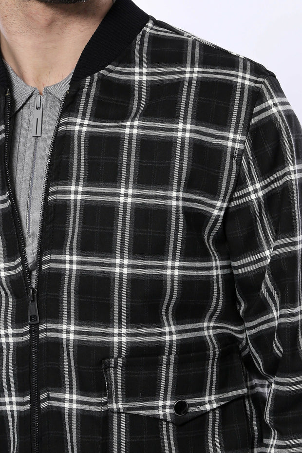 Checked Black Bomber Coat $50 - $100, 36, 38, 40, 42, 44, 46, 6 Drop, Black, Bomber Jacket, Checked, Modern Fit, Navy Blue, Outwear, Plaid, Slim Fit, Slimfit, Zippered OutwearBomber Jacket - 