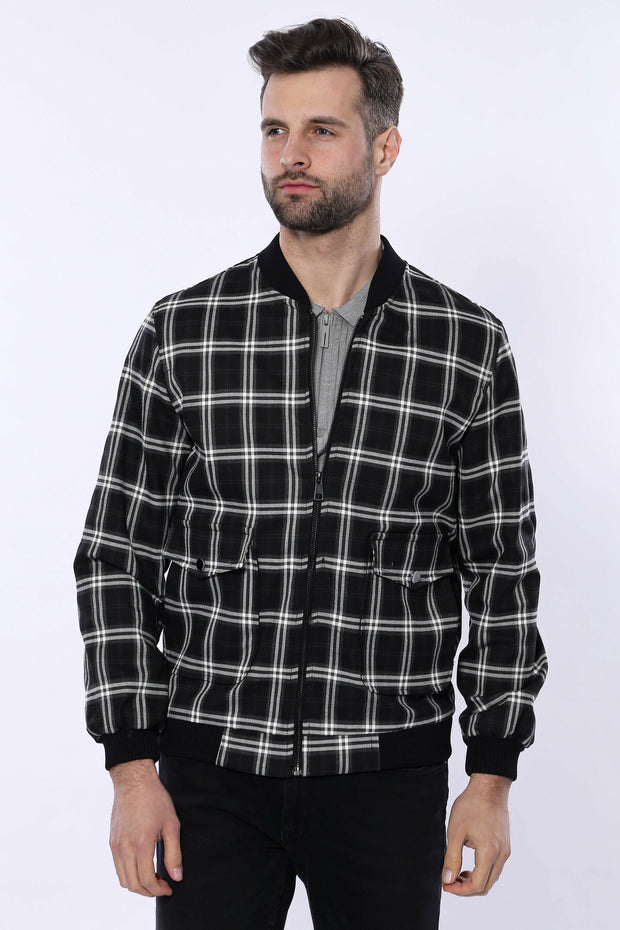 Checked Black Bomber Coat $50 - $100, 36, 38, 40, 42, 44, 46, 6 Drop, Black, Bomber Jacket, Checked, Modern Fit, Navy Blue, Outwear, Plaid, Slim Fit, Slimfit, Zippered OutwearBomber Jacket - 