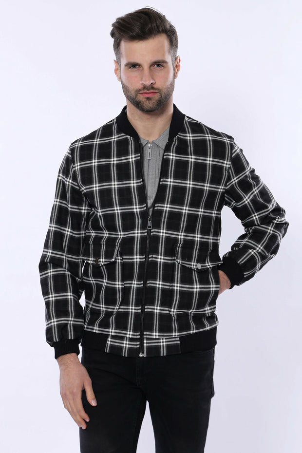 Checked Black Bomber Coat $50 - $100, 36, 38, 40, 42, 44, 46, 6 Drop, Black, Bomber Jacket, Checked, Modern Fit, Navy Blue, Outwear, Plaid, Slim Fit, Slimfit, Zippered OutwearBomber Jacket - 