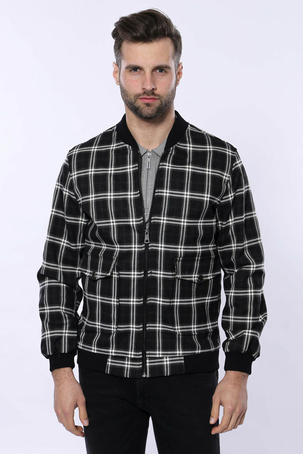 Checked Black Bomber Coat $50 - $100, 36, 38, 40, 42, 44, 46, 6 Drop, Black, Bomber Jacket, Checked, Modern Fit, Navy Blue, Outwear, Plaid, Slim Fit, Slimfit, Zippered OutwearBomber Jacket - 