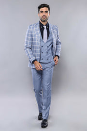 Checked Blue Vested Suit | Wessi 3-piece-suit, 36, 38, 40, 42, 44, 46, Blue, Checked, Double Breasted, mens-suit_obsolete, Modern Fit, Navy, navy-blue, Peak, Peak Lapel, Plaid, Slim Fit, Slim