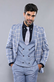 Checked Blue Vested Suit | Wessi 3-piece-suit, 36, 38, 40, 42, 44, 46, Blue, Checked, Double Breasted, mens-suit_obsolete, Modern Fit, Navy, navy-blue, Peak, Peak Lapel, Plaid, Slim Fit, Slim