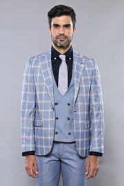 Checked Blue Vested Suit | Wessi 3-piece-suit, 36, 38, 40, 42, 44, 46, Blue, Checked, Double Breasted, mens-suit_obsolete, Modern Fit, Navy, navy-blue, Peak, Peak Lapel, Plaid, Slim Fit, Slim