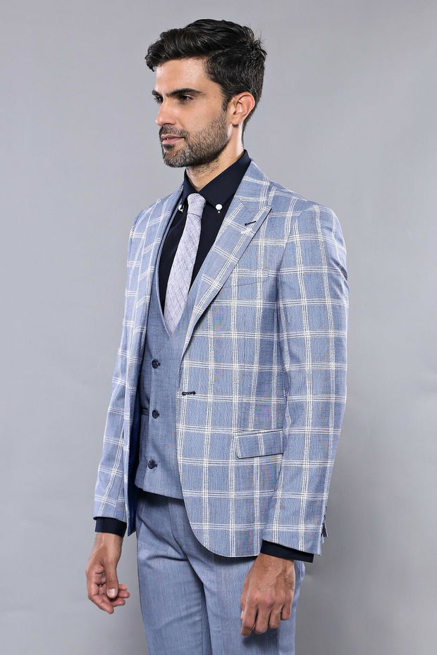 Checked Blue Vested Suit | Wessi 3-piece-suit, 36, 38, 40, 42, 44, 46, Blue, Checked, Double Breasted, mens-suit_obsolete, Modern Fit, Navy, navy-blue, Peak, Peak Lapel, Plaid, Slim Fit, Slim