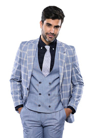 Checked Blue Vested Suit | Wessi 3-piece-suit, 36, 38, 40, 42, 44, 46, Blue, Checked, Double Breasted, mens-suit_obsolete, Modern Fit, Navy, navy-blue, Peak, Peak Lapel, Plaid, Slim Fit, Slim