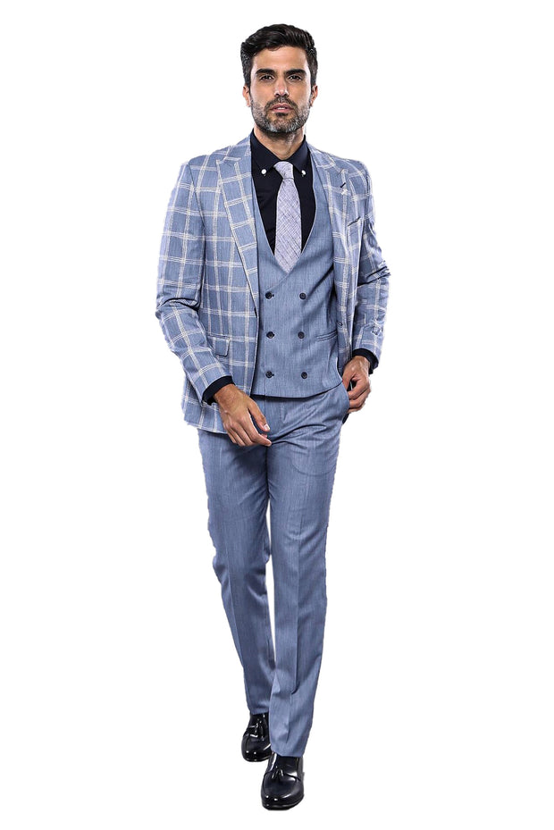 Checked Blue Vested Suit | Wessi 3-piece-suit, 36, 38, 40, 42, 44, 46, Blue, Checked, Double Breasted, mens-suit_obsolete, Modern Fit, Navy, navy-blue, Peak, Peak Lapel, Plaid, Slim Fit, Slim