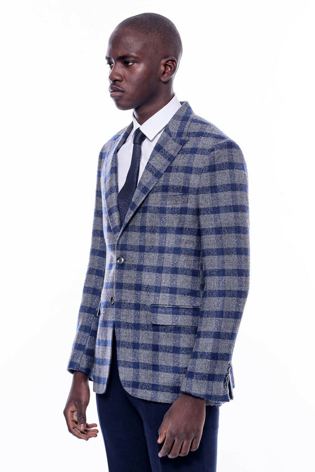 Checked Blue Slim-Fit Blazer 36, 38, 40, 42, 44, 46, 48, 6 Drop, blue, Checked, Italian Suit, Modern Fit, New Season, Peak, Peak Lapel, Plaid, Slim Fit, Slim Fit Suit, Slimfit New Season - we