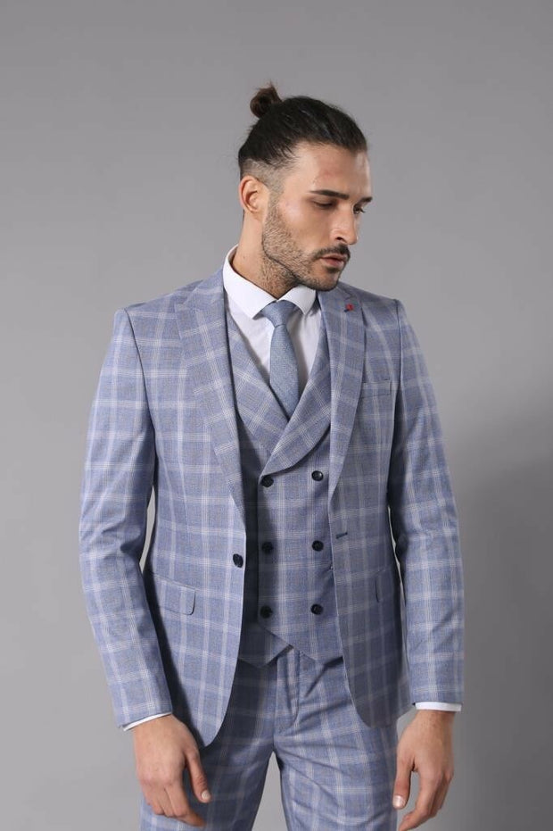 Checked Blue Slim-Fit Vested Suit 3-piece-suit, 42, Checked, Modern Fit, Peak, Peak Lapel, Plaid, Slim Fit, Slim Fit Suit, Suit SuitSlim Fit Suit - wessi