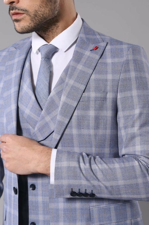 Checked Blue Slim-Fit Vested Suit 3-piece-suit, 42, Checked, Modern Fit, Peak, Peak Lapel, Plaid, Slim Fit, Slim Fit Suit, Suit SuitSlim Fit Suit - wessi