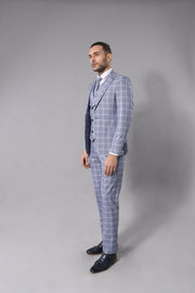 Checked Blue Slim-Fit Vested Suit 3-piece-suit, 42, Checked, Modern Fit, Peak, Peak Lapel, Plaid, Slim Fit, Slim Fit Suit, Suit SuitSlim Fit Suit - wessi