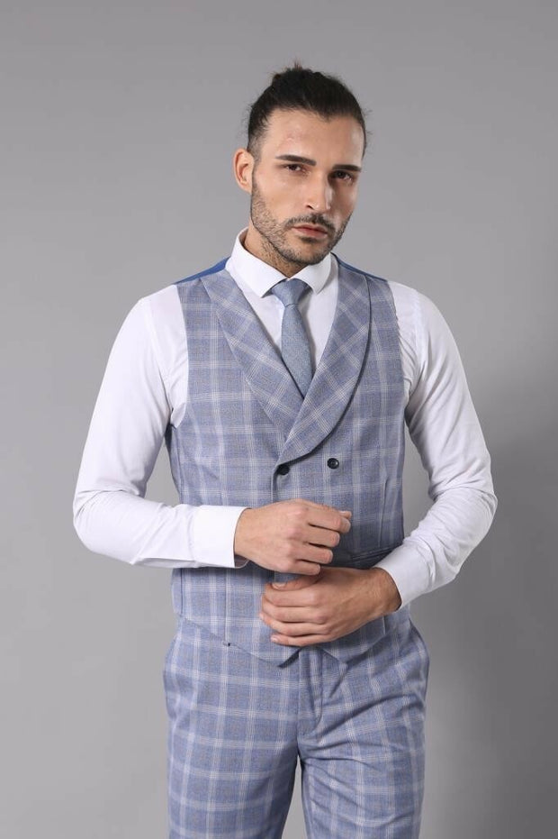 Checked Blue Slim-Fit Vested Suit 3-piece-suit, 42, Checked, Modern Fit, Peak, Peak Lapel, Plaid, Slim Fit, Slim Fit Suit, Suit SuitSlim Fit Suit - wessi