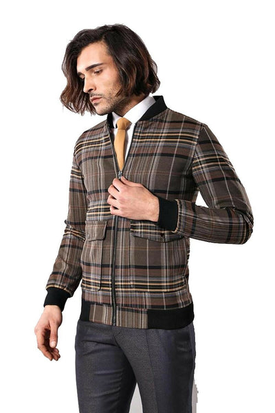 Checked Brown Bomber Men's Coat | Wessi 3-piece-suit, 36, 38, 40, Checked, Jackets, Modern Fit, Outwear, Plaid, Puffer Coats, Slim Fit OutwearJacketsPuffer Coats - wessi