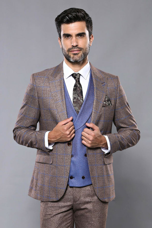 Checked Brown Men's Suit 3 Piece Suits, 3-piece-suit, 36, 40, 42, Brown, Checked, mens-suit, mens-suit_obsolete, Modern Fit, Plaid, Slim Fit, Suit, tan Suit3 Piece Suits - wessi