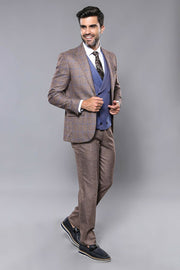 Checked Brown Men's Suit 3 Piece Suits, 3-piece-suit, 36, 40, 42, Brown, Checked, mens-suit, mens-suit_obsolete, Modern Fit, Plaid, Slim Fit, Suit, tan Suit3 Piece Suits - wessi