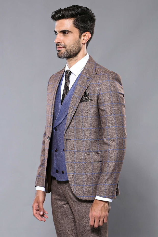 Checked Brown Men's Suit 3 Piece Suits, 3-piece-suit, 36, 40, 42, Brown, Checked, mens-suit, mens-suit_obsolete, Modern Fit, Plaid, Slim Fit, Suit, tan Suit3 Piece Suits - wessi