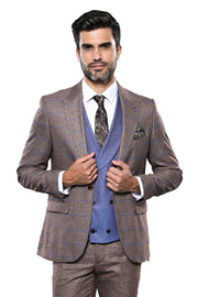 Checked Brown Men's Suit 3 Piece Suits, 3-piece-suit, 36, 40, 42, Brown, Checked, mens-suit, mens-suit_obsolete, Modern Fit, Plaid, Slim Fit, Suit, tan Suit3 Piece Suits - wessi