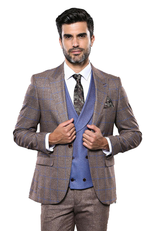 Checked Brown Men's Suit 3 Piece Suits, 3-piece-suit, 36, 40, 42, Brown, Checked, mens-suit, mens-suit_obsolete, Modern Fit, Plaid, Slim Fit, Suit, tan Suit3 Piece Suits - wessi