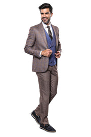 Checked Brown Men's Suit 3 Piece Suits, 3-piece-suit, 36, 40, 42, Brown, Checked, mens-suit, mens-suit_obsolete, Modern Fit, Plaid, Slim Fit, Suit, tan Suit3 Piece Suits - wessi