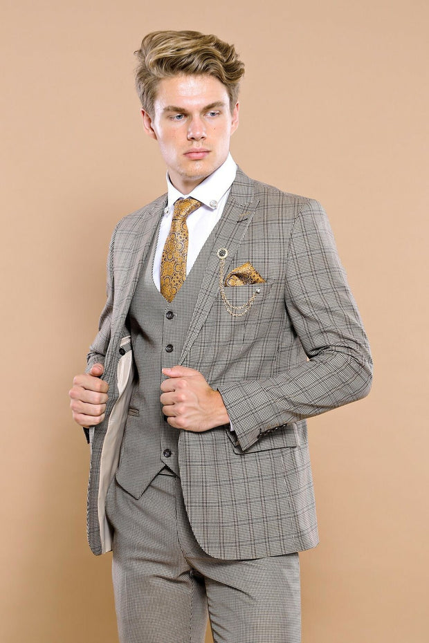 Checked Brown Vested Men's Suit | Wessi 3-piece-suit, 38, 42, Brown, Checked, mens-suit, mens-suit_obsolete, Modern Fit, Peak, Peak Lapel, Plaid, Plaid Suit, Slim Fit, Suit, tan SuitPlaid Sui