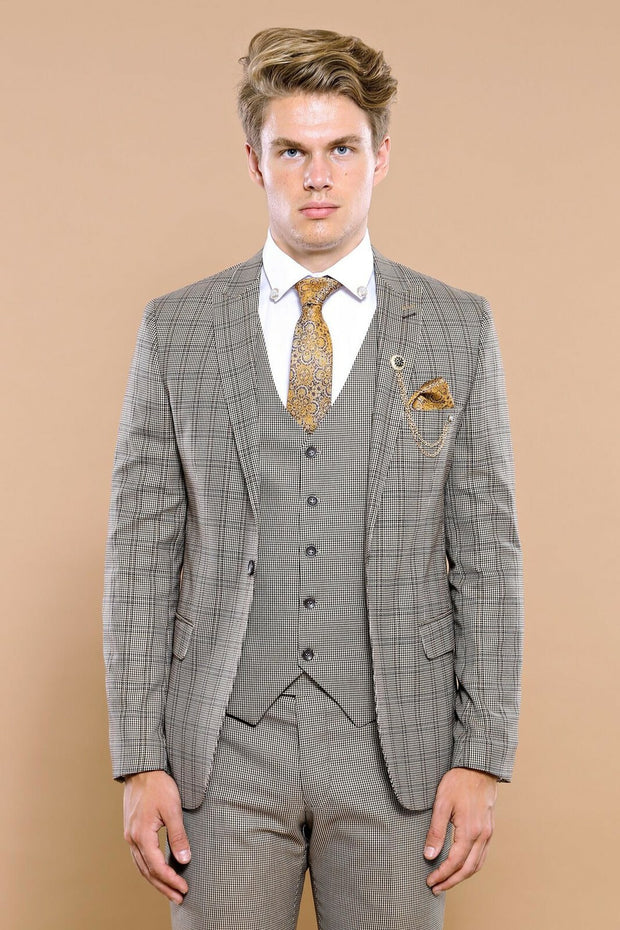 Checked Brown Vested Men's Suit | Wessi 3-piece-suit, 38, 42, Brown, Checked, mens-suit, mens-suit_obsolete, Modern Fit, Peak, Peak Lapel, Plaid, Plaid Suit, Slim Fit, Suit, tan SuitPlaid Sui