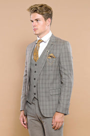 Checked Brown Vested Men's Suit | Wessi 3-piece-suit, 38, 42, Brown, Checked, mens-suit, mens-suit_obsolete, Modern Fit, Peak, Peak Lapel, Plaid, Plaid Suit, Slim Fit, Suit, tan SuitPlaid Sui