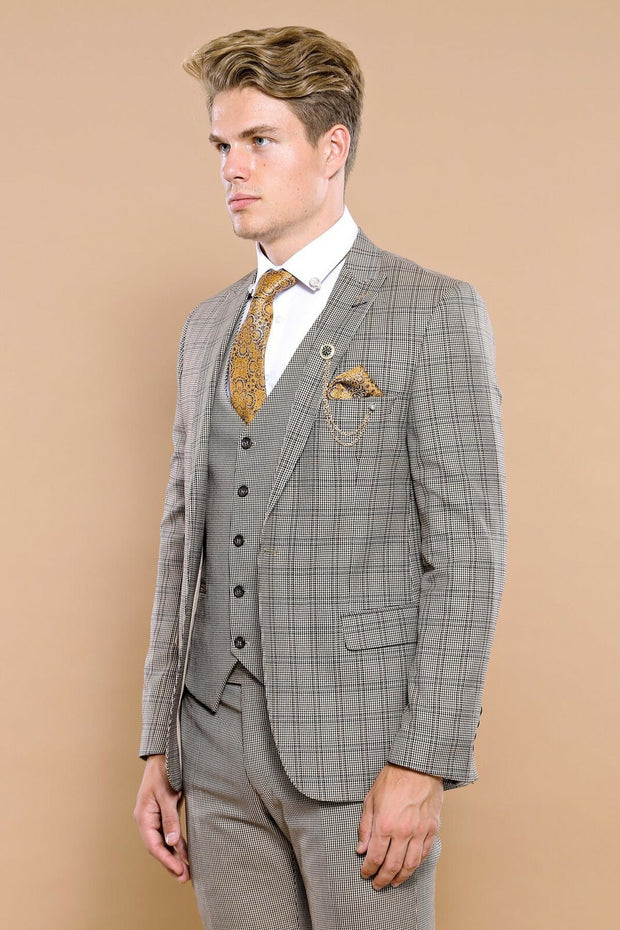 Checked Brown Vested Men's Suit | Wessi 3-piece-suit, 38, 42, Brown, Checked, mens-suit, mens-suit_obsolete, Modern Fit, Peak, Peak Lapel, Plaid, Plaid Suit, Slim Fit, Suit, tan SuitPlaid Sui