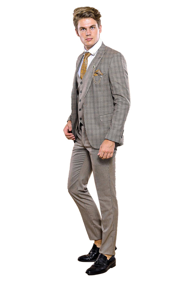 Checked Brown Vested Men's Suit | Wessi 3-piece-suit, 38, 42, Brown, Checked, mens-suit, mens-suit_obsolete, Modern Fit, Peak, Peak Lapel, Plaid, Plaid Suit, Slim Fit, Suit, tan SuitPlaid Sui