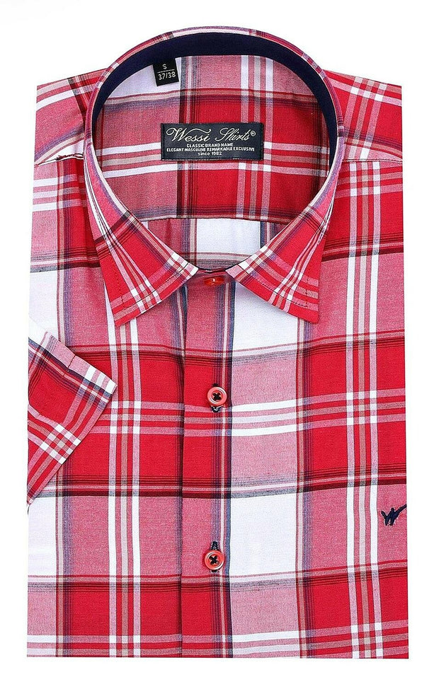 Checked Burgundy Short Sleeve Shirt | Wessi 3-piece-suit, Burgundy, Checked, Daily, Modern Fit, Patterned, Plaid, red, Shirt, Short Sleeve, Short Sleeve Shirt, Slim Fit, Sport ShirtShort Slee