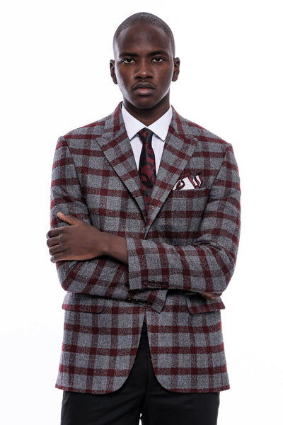 Checked Burgundy Slim-Fit Blazer 36, 38, 40, 42, 44, 46, 48, 6 Drop, Checked, Italian Suit, Modern Fit, New Season, Peak, Peak Lapel, Plaid, Slim Fit, Slim Fit Suit, Slimfit New Season - wess