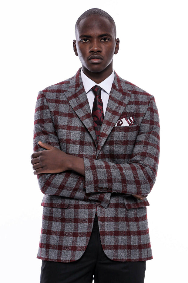 Checked Burgundy Slim-Fit Blazer 36, 38, 40, 42, 44, 46, 48, 6 Drop, Checked, Italian Suit, Modern Fit, New Season, Peak, Peak Lapel, Plaid, Slim Fit, Slim Fit Suit, Slimfit New Season - wess