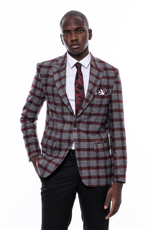 Checked Burgundy Slim-Fit Blazer 36, 38, 40, 42, 44, 46, 48, 6 Drop, Checked, Italian Suit, Modern Fit, New Season, Peak, Peak Lapel, Plaid, Slim Fit, Slim Fit Suit, Slimfit New Season - wess