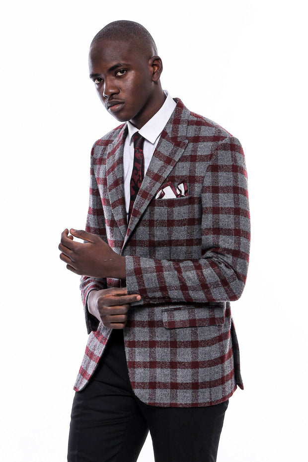 Checked Burgundy Slim-Fit Blazer 36, 38, 40, 42, 44, 46, 48, 6 Drop, Checked, Italian Suit, Modern Fit, New Season, Peak, Peak Lapel, Plaid, Slim Fit, Slim Fit Suit, Slimfit New Season - wess