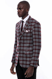 Checked Burgundy Slim-Fit Blazer 36, 38, 40, 42, 44, 46, 48, 6 Drop, Checked, Italian Suit, Modern Fit, New Season, Peak, Peak Lapel, Plaid, Slim Fit, Slim Fit Suit, Slimfit New Season - wess