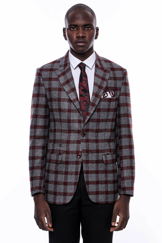 Checked Burgundy Slim-Fit Blazer 36, 38, 40, 42, 44, 46, 48, 6 Drop, Checked, Italian Suit, Modern Fit, New Season, Peak, Peak Lapel, Plaid, Slim Fit, Slim Fit Suit, Slimfit New Season - wess