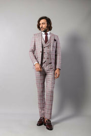 Checked Burgundy Slim-Fit Suit $50 - $100, 3-piece-suit, 40, 42, 44, Casual, Casual Suit, Checked, Daily, Modern Fit, Peak, Peak Lapel, Pink, Plaid, Plaid Suit, Slim Fit, Slim Fit Suit, Suit 