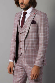 Checked Burgundy Slim-Fit Suit $50 - $100, 3-piece-suit, 40, 42, 44, Casual, Casual Suit, Checked, Daily, Modern Fit, Peak, Peak Lapel, Pink, Plaid, Plaid Suit, Slim Fit, Slim Fit Suit, Suit 