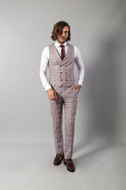 Checked Burgundy Slim-Fit Suit $50 - $100, 3-piece-suit, 40, 42, 44, Casual, Casual Suit, Checked, Daily, Modern Fit, Peak, Peak Lapel, Pink, Plaid, Plaid Suit, Slim Fit, Slim Fit Suit, Suit 